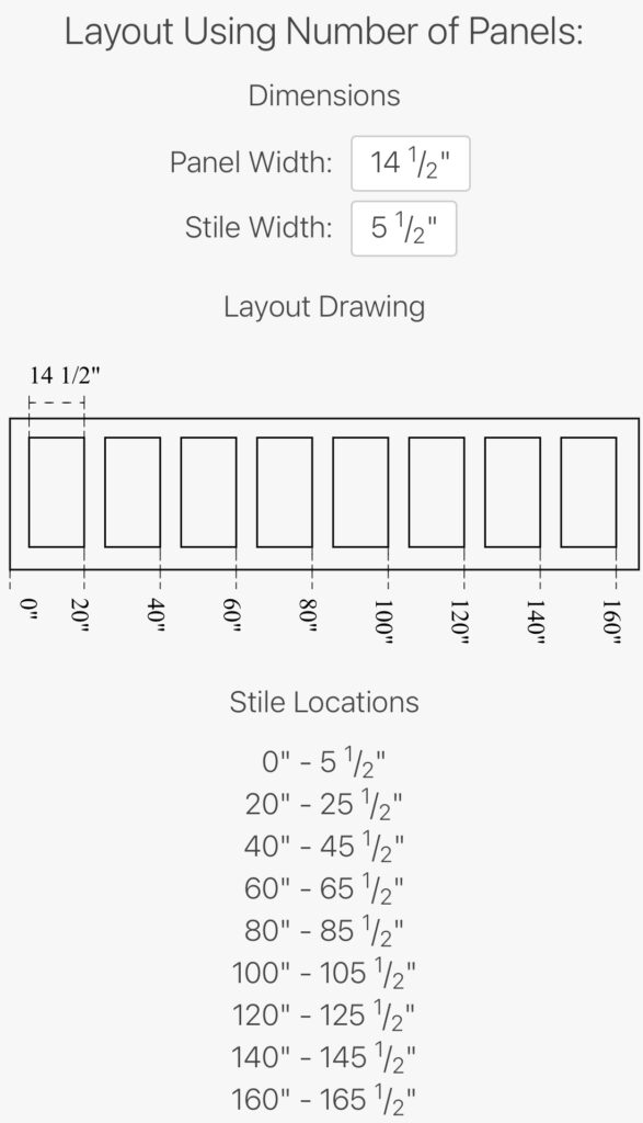 An iPhone screenshot from inchcalculator.com showing a diagram of wainscoting with 10 panels. The diagram shows that there's 14.5" of space in between each board for the recessed wainscoting accent wall