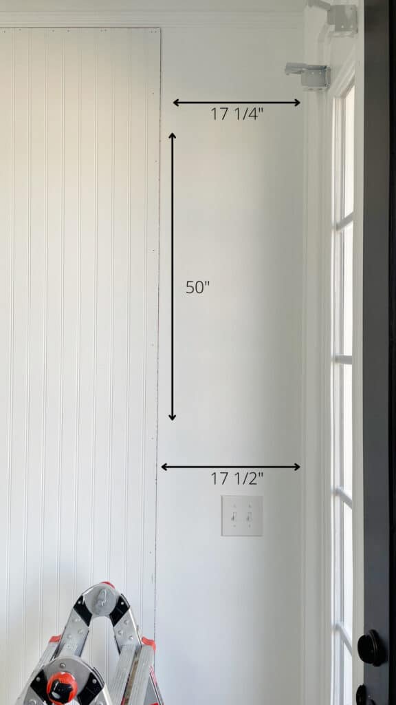 Elisha at Our Aesthetic Abode is sharing a diagram of a space she needs to fill with beadboard for her beadboard entryway makeover. 

The diagram shows that the gap at the very top of the wall is 17 1/4" and about 50" down the gap is 17 1/2"