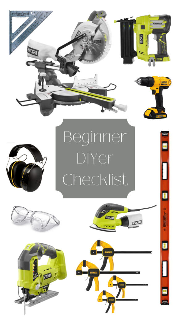 A collage of the top 10 things every DIYer should have. The collage includes safety glasses, a drill, a sander, a miter saw, a nail gun, a level, clamps, a speed square, a jigsaw, and bluetooth ear protection