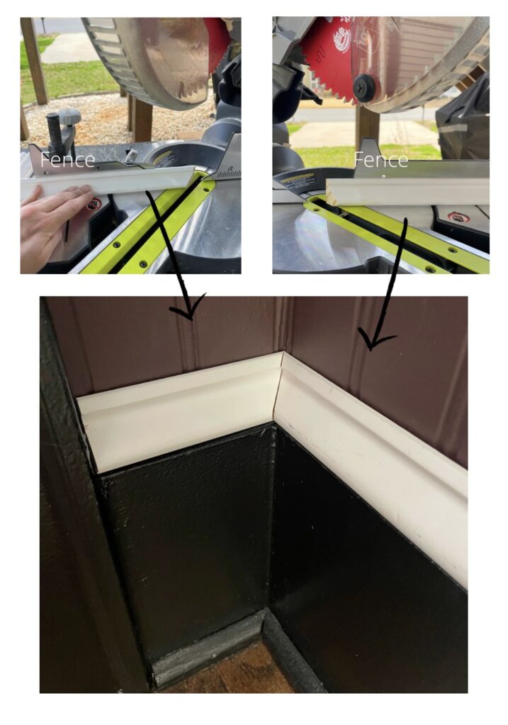 This is a collage that shows 3 photos.

There's one photo on the bottom which shows two pieces of base cap molding cut to meet in a corner

The top two photos show how Elisha placed the trim up against the fence for each cut.