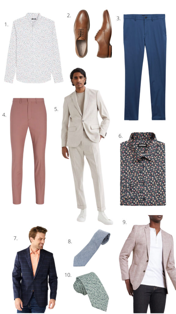 Elisha from Our Aesthetic Abode made a collage of men's wedding guest fashion finds. There are a lot of delicate florals and light colors.