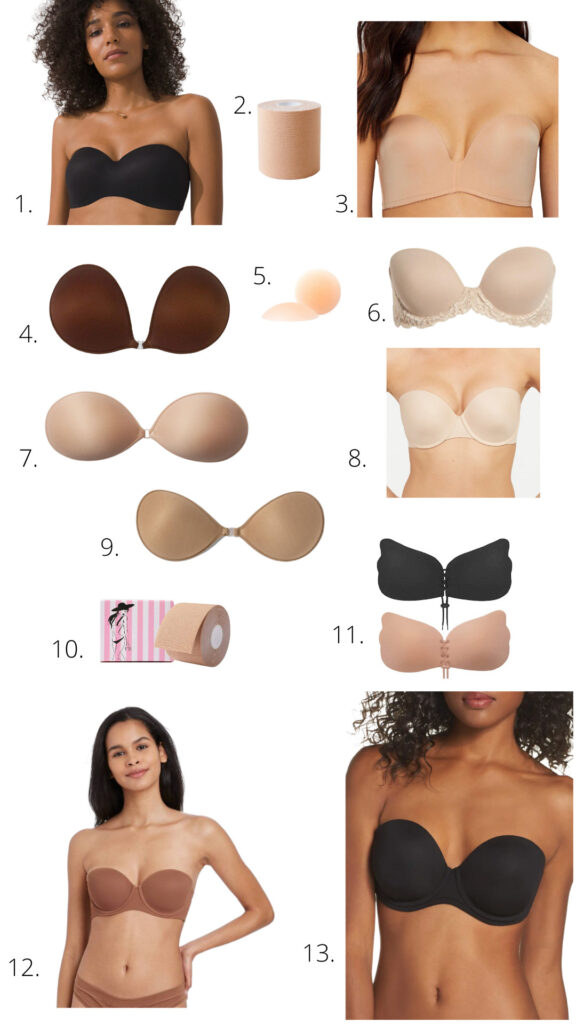 Elisha from Our Aesthetic Abode made a collage of 13 options for backless or strapless bras to wear with dresses or shirts this Spring/Summer