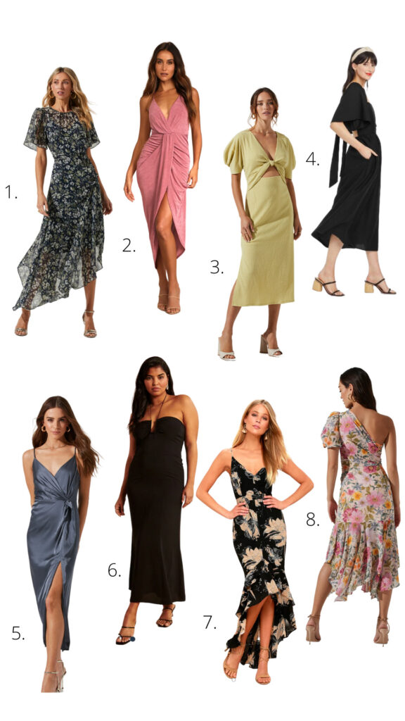 Elisha from Our Aesthetic Abode made a collage of 8 different dress option to wear as a wedding guest