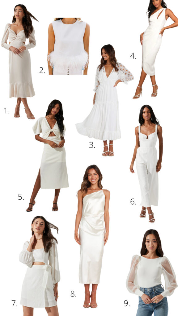 Elisha from Our Aesthetic Abode made a collage of 9 different white or ivory dresses and shirts for bridal event outfits