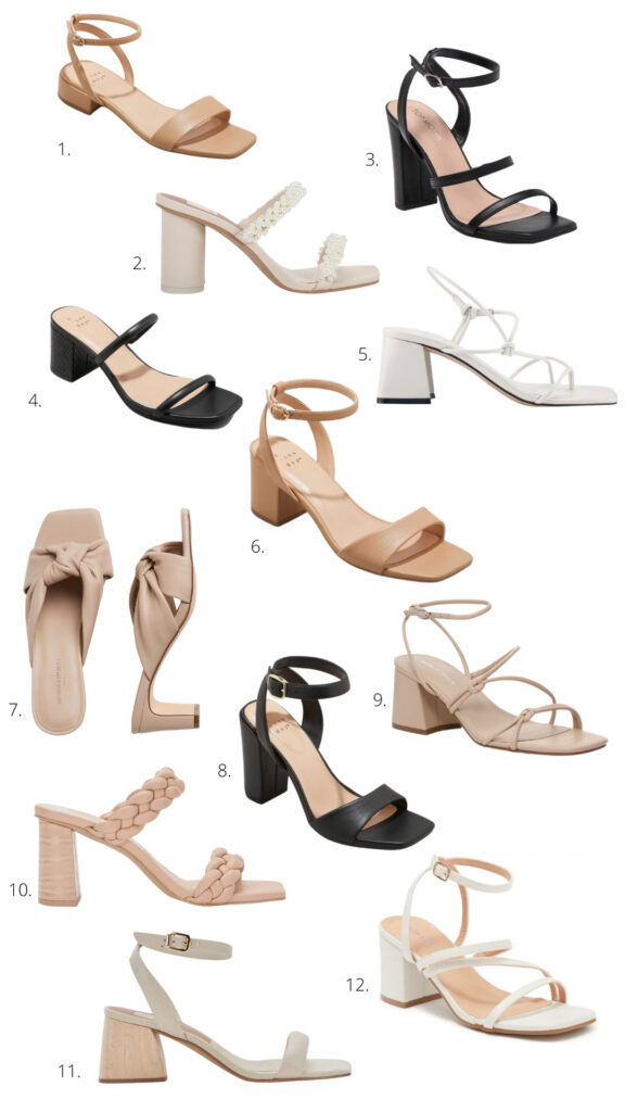 Elisha from Our Aesthetic Abode made a collage of 12 different neutral heels options for a wedding or event this Spring/Summer