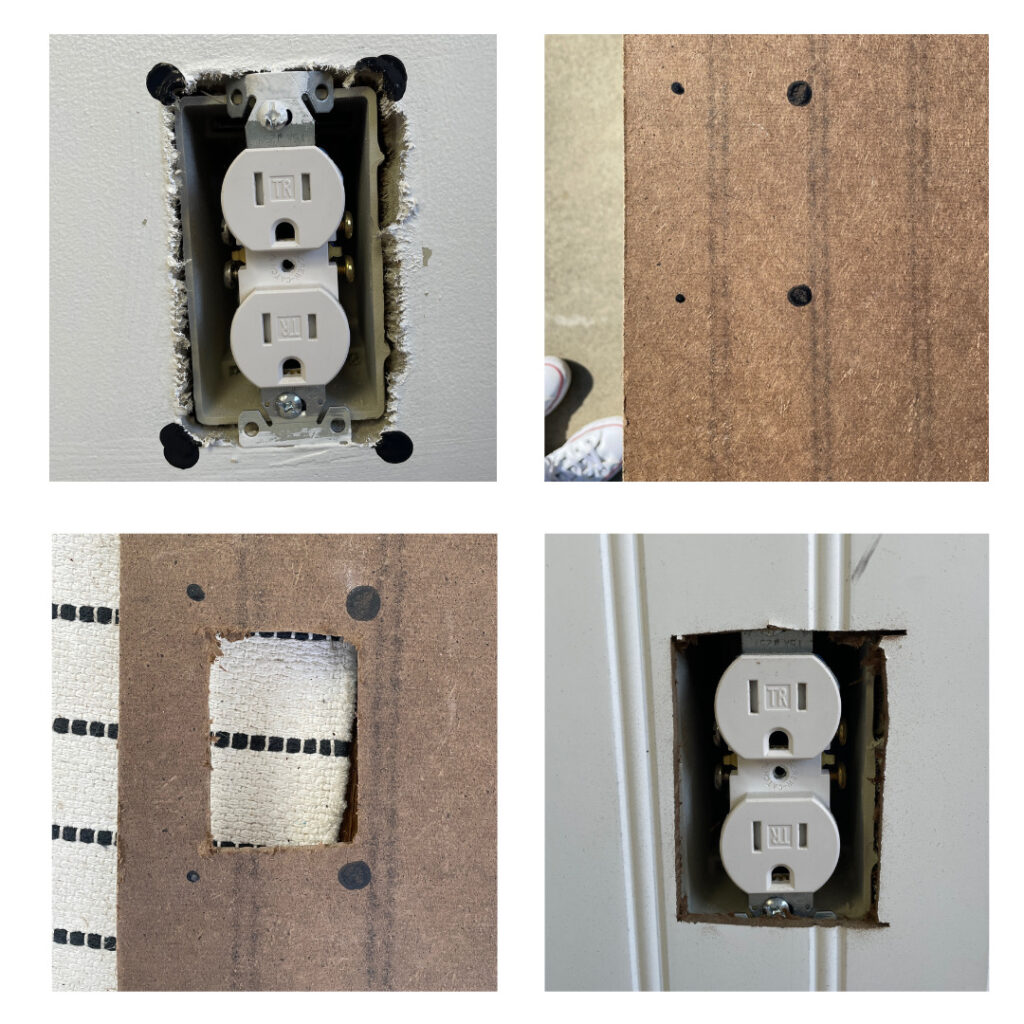 Elisha at Our Aesthetic Abode is sharing a series of 4 photos to show how she marked and cut the beadboard for her outlet.

Photo 1- the outlet with no cover and four dots of black paint in the corners

Photo 2- the 4 black dots transferred onto the back of the beadboard

Photo 3- a picture of the back of the beadboard after it's been cut in reference to the 4 black marks

Photo 4- the beadboard cut out attached to the wall with the outlet showing through