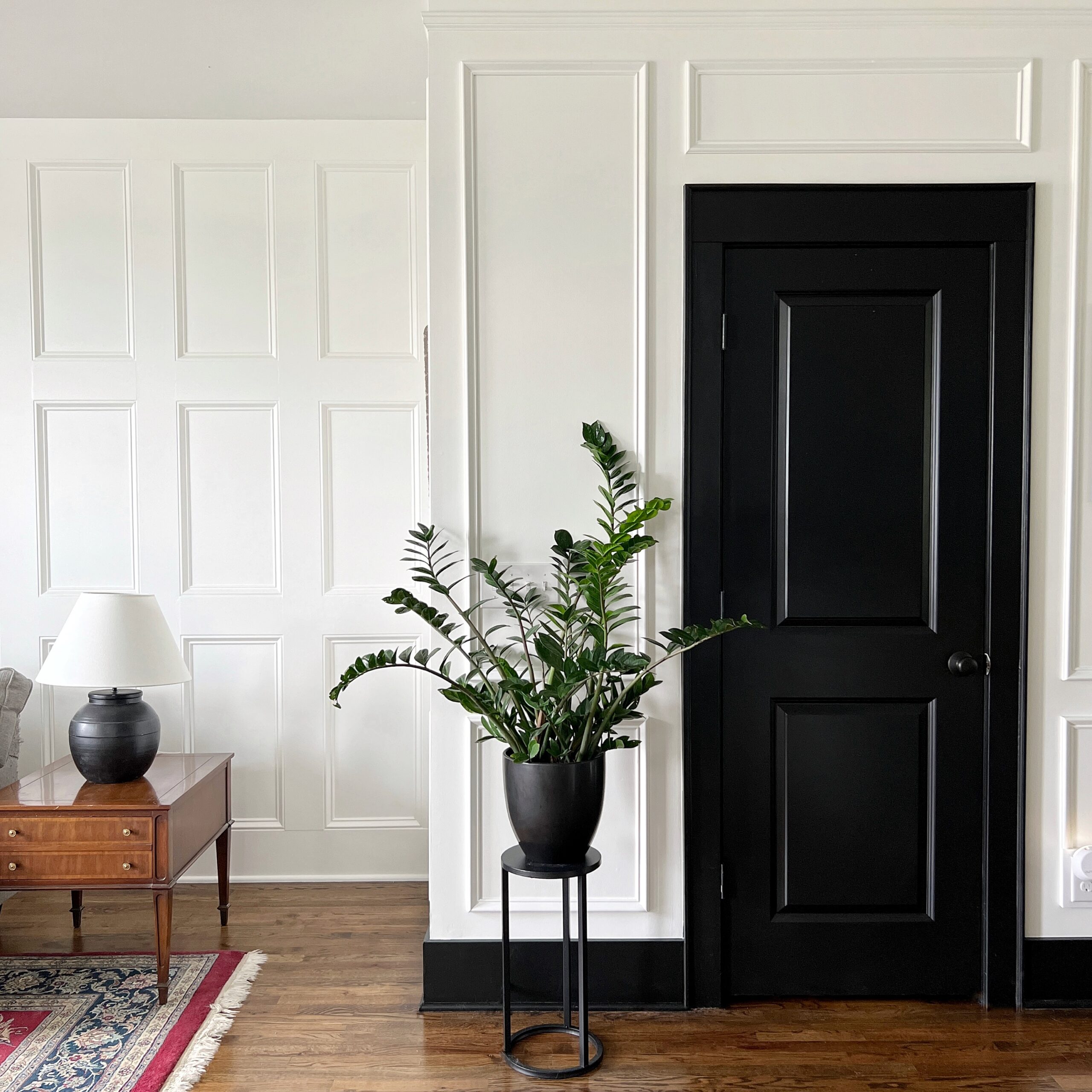 White walls with trim moulding and black interior trim and door in a satin finish