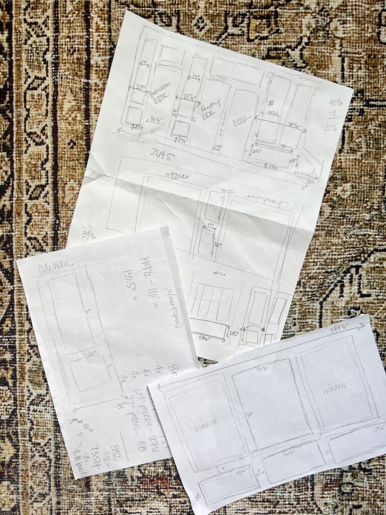 Elisha from Our Aesthetic Abode is showing all of her rough sketches of the walls she's adding box molding to