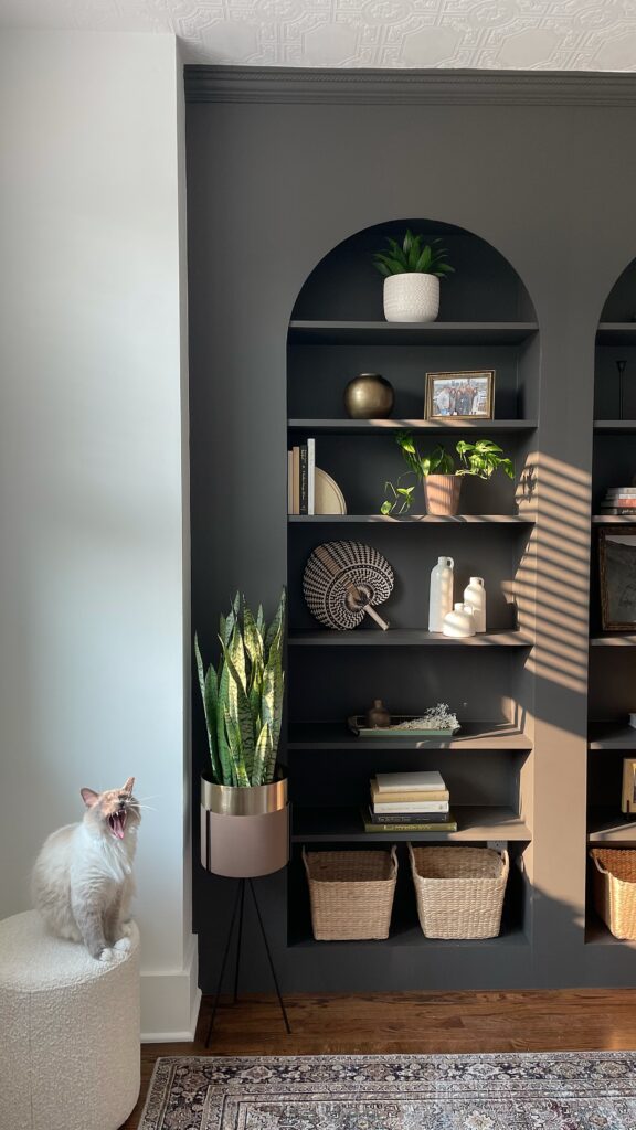 Arched Ikea Billy Bookcase Hack painted SW urbane bronze