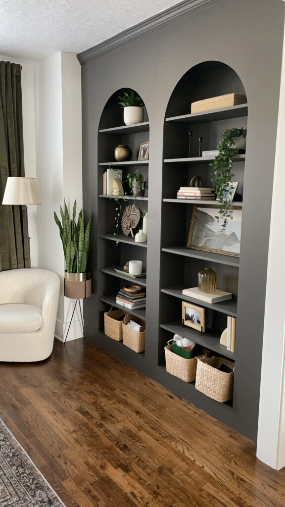 Arched Ikea Billy Bookcases in Sherwin Williams Urbane Bronze