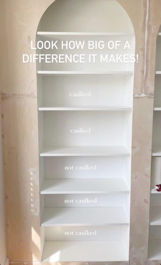 Ikea Billy bookcase built-ins hack showing half of the shelves caulked and the other half not
