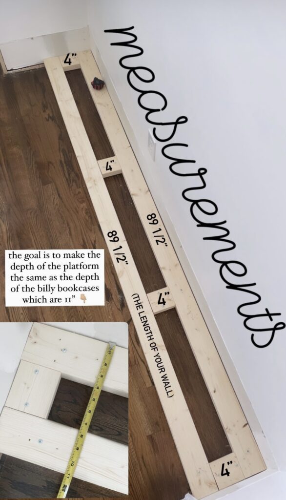 2x4s are screwed into the floor for ikea billy bookcase built-ins and the image shows the width is 89 1/2" and depth is 11"