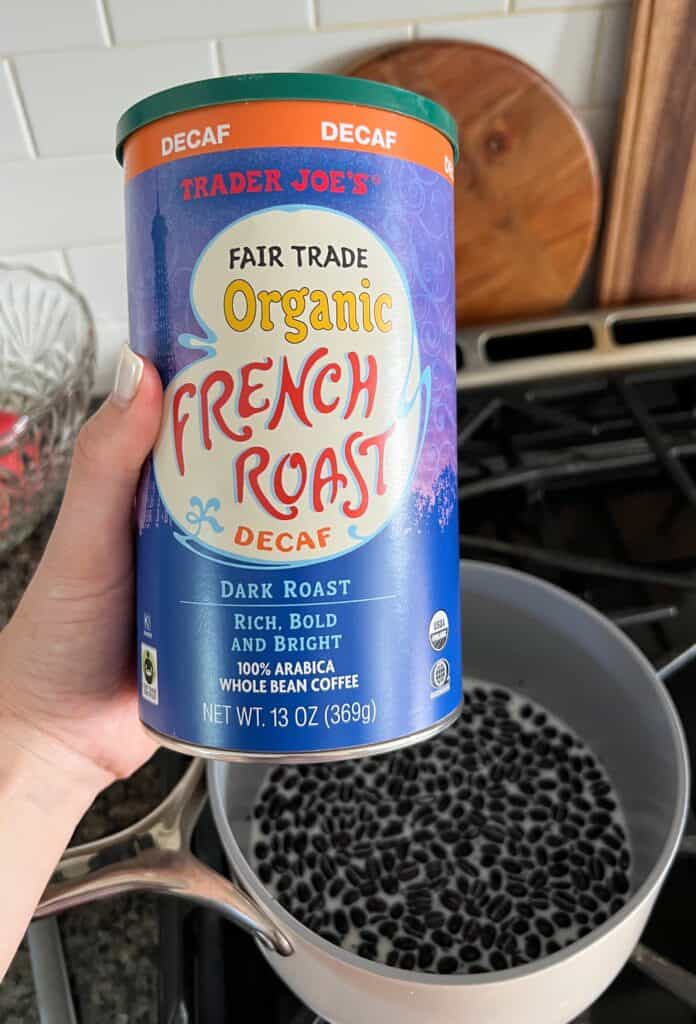 a jar of Trader Joes French roast decaf coffee beans for a homemade coffee ice cream