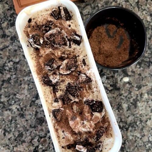 homemade coffee ice cream with dark chocolate flecks and Oreos