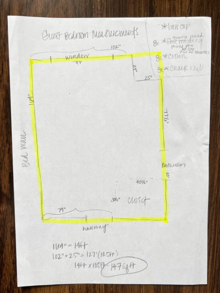 A sketch of measurements for a room to determine how much flooring to buy