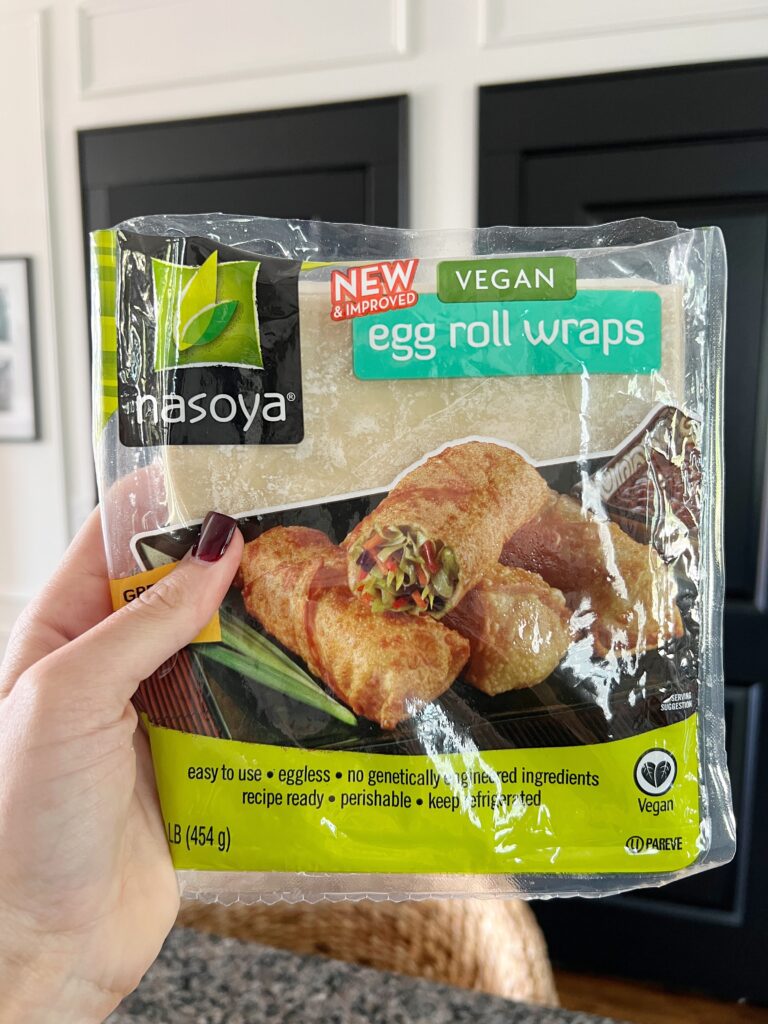 a package of Nasoya egg roll wraps for homemade buffalo chicken egg rolls