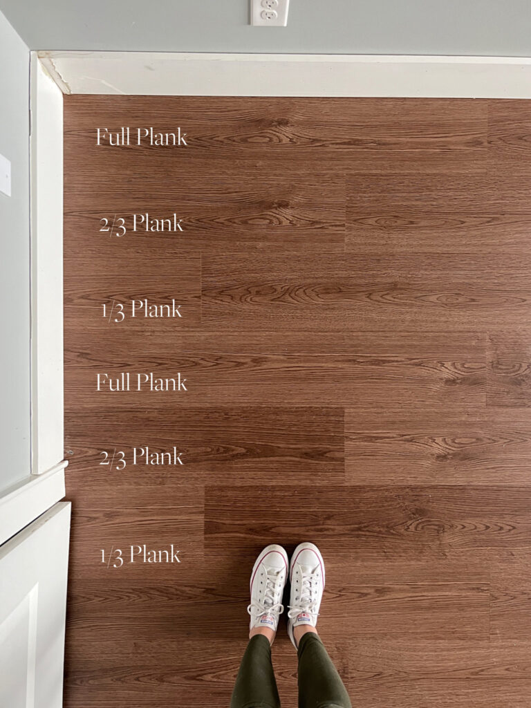 A pattern for laying vinyl plank flooring; a full plank, 2/3 plank, 1/3 plank, repeat