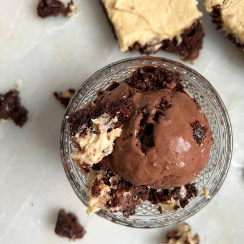 homemade dark chocolate ice cream with chunks of peanut butter frosted brownies