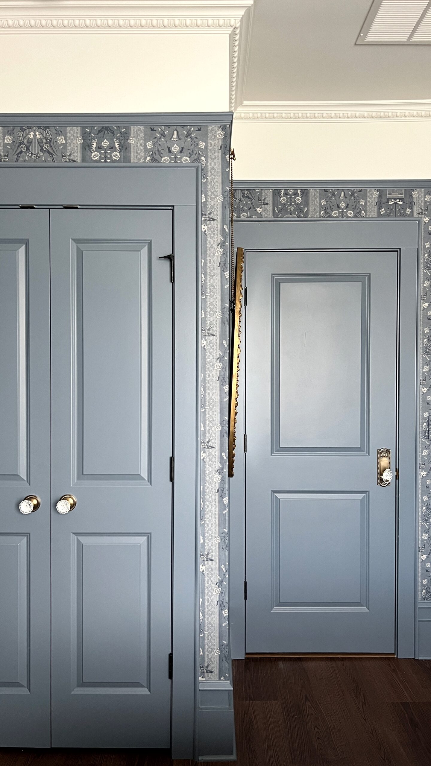 doors and trim painted benjamin moore bachelor blue with crystal door knobs