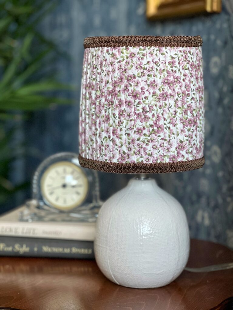 DIY Pleated Fabric Lampshade with floral fabric and brown braided trim
