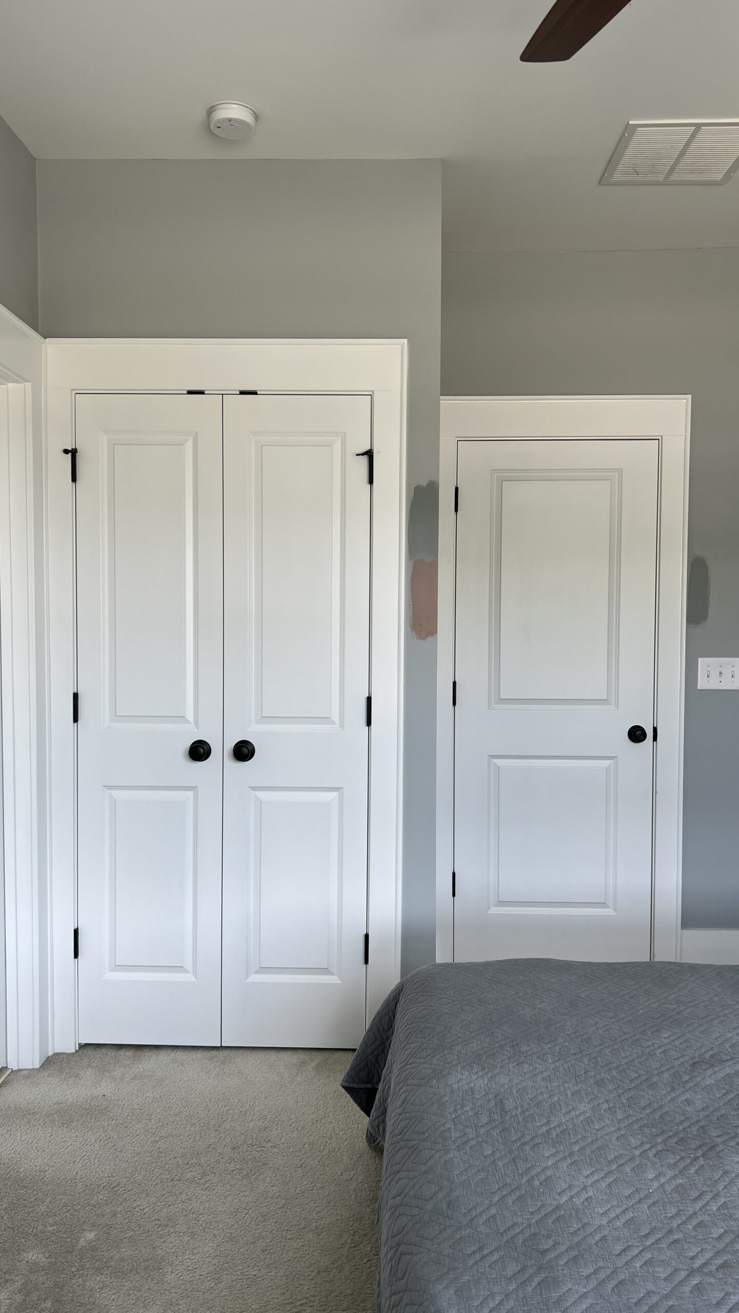 closet doors and a door in a plain guest bedroom