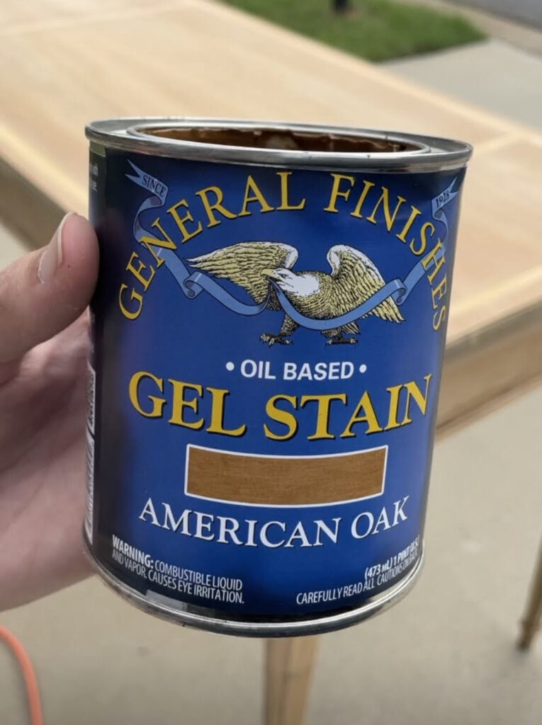 A can of General Finishes American Oak gel stain