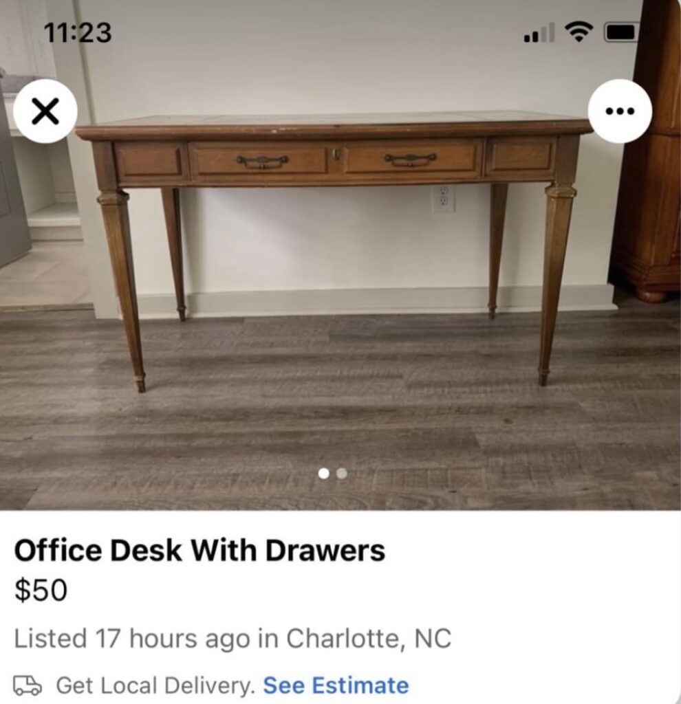 Facebook marketplace listing of a vintage office desk for $50