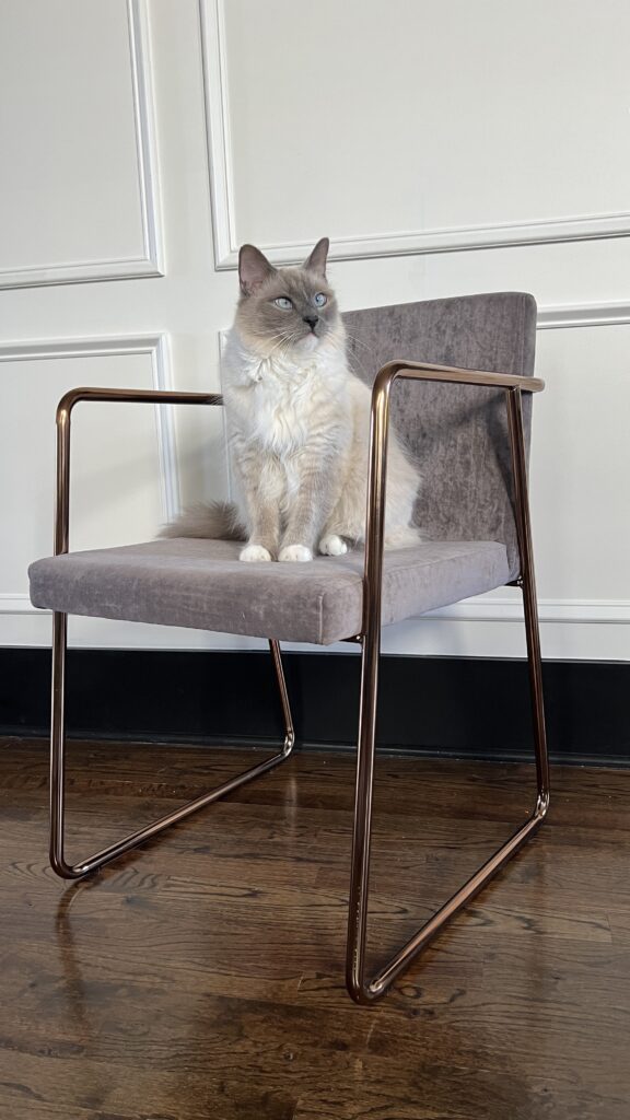 DIY chair makeover before photo with a rose gold metal base chair and gray suede fabric