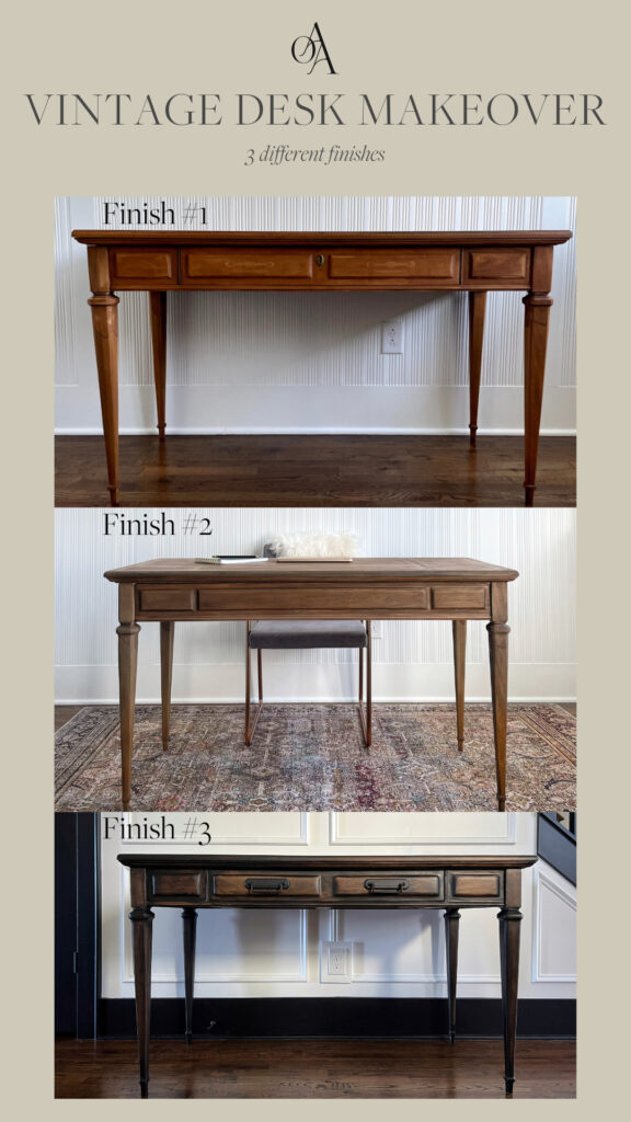 vintage desk makeover in 3 different stain finishes