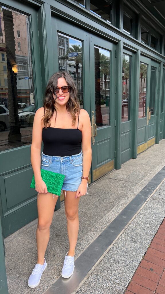 a body suit a jean shorts are great to wear in New Orleans