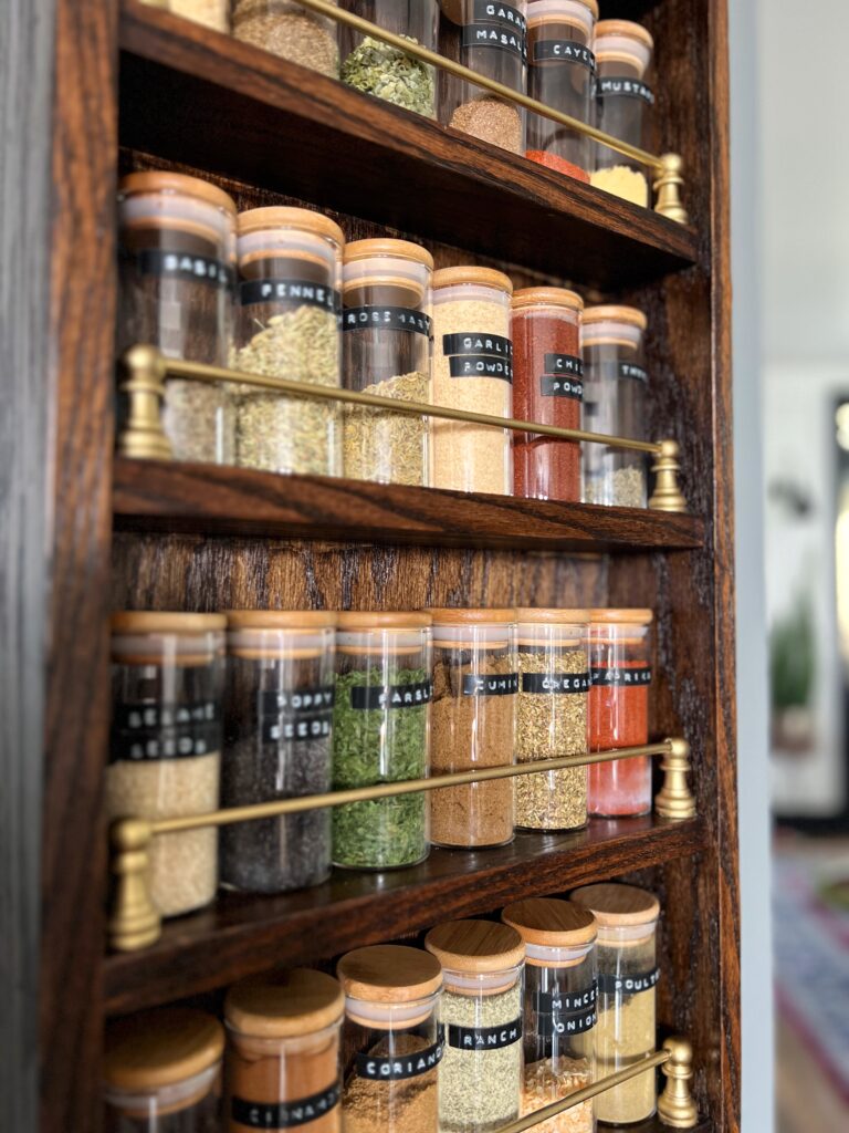 a spice rack made from red oak plywood