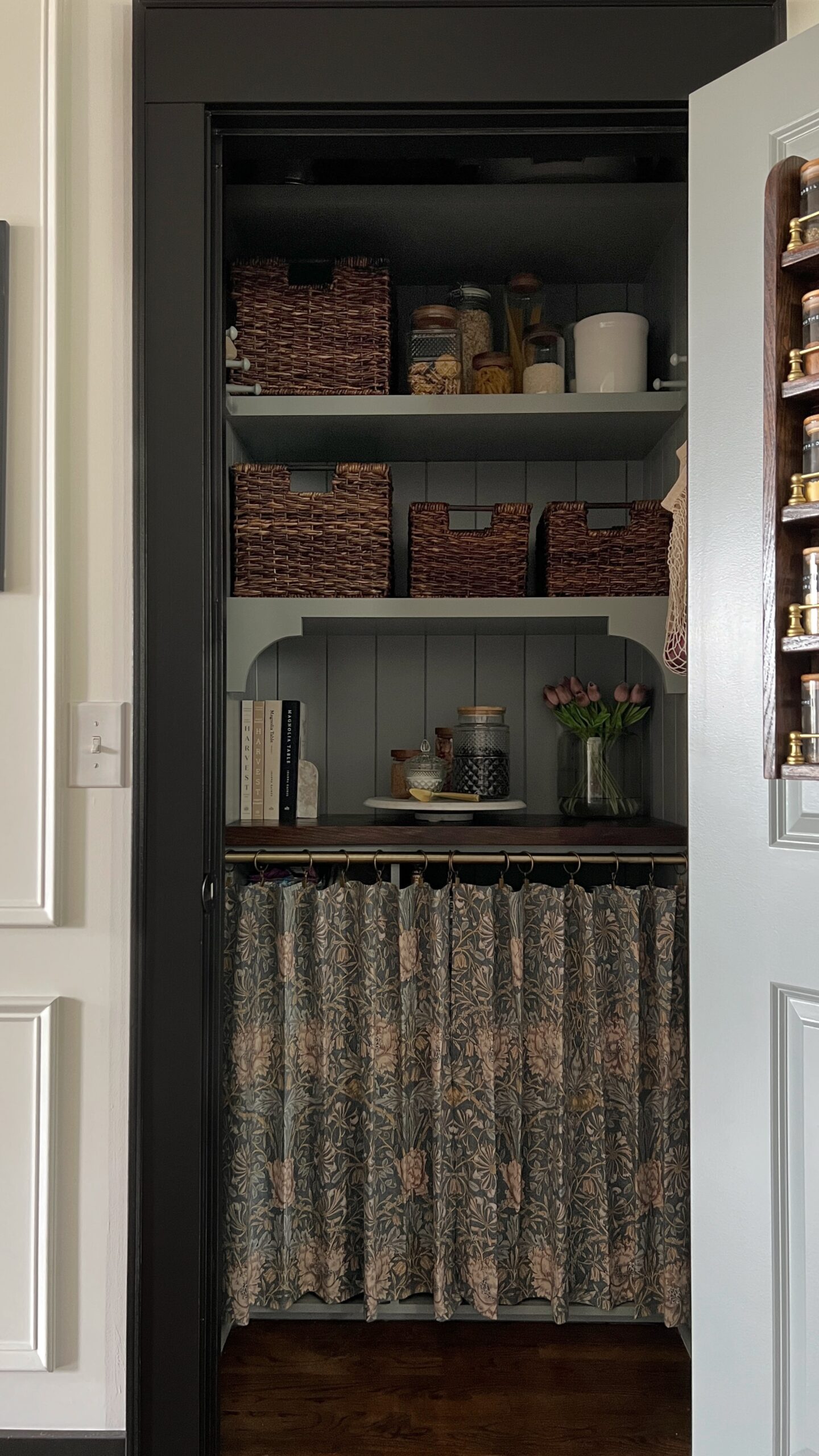 a DIY pantry makeover with shiplap, corbels, peg rack, and curtains