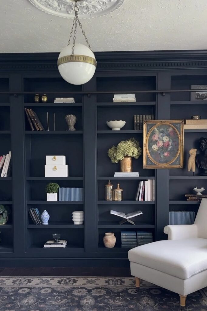 DIY Billy bookcase built in in navy with decor and books 