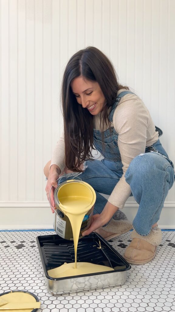 walk-in pantry makeover with yellow paint