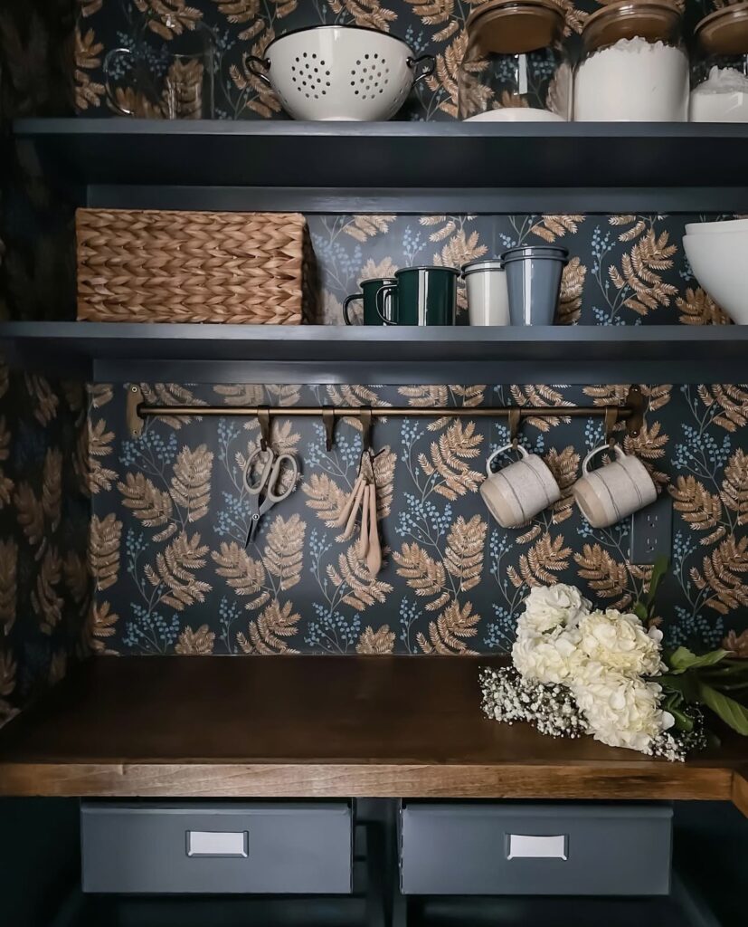 Walk in pantry with wallpaper