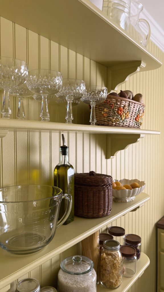 Sherwin Williams Sequin in a beadboard pantry with shelves