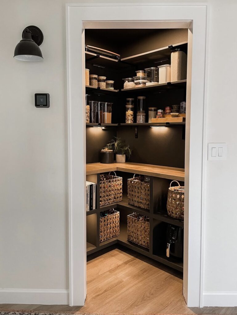 moody diy pantry with lighting