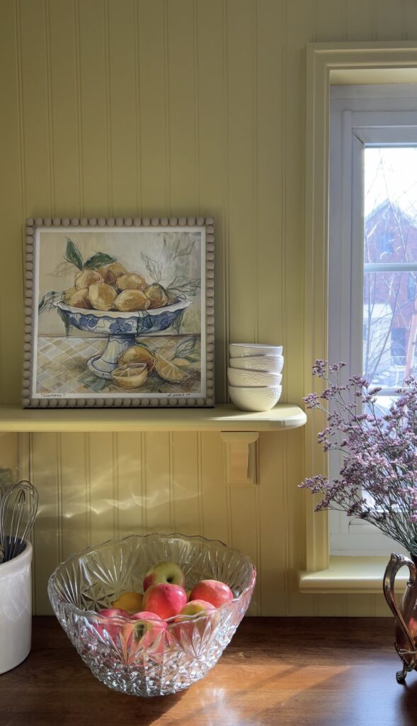 butler's pantry styling with lemon art and a DIY beaded frame