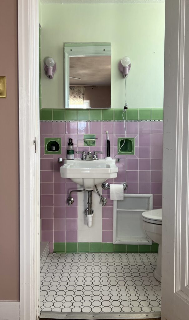 pink and green vintage tile bathroom