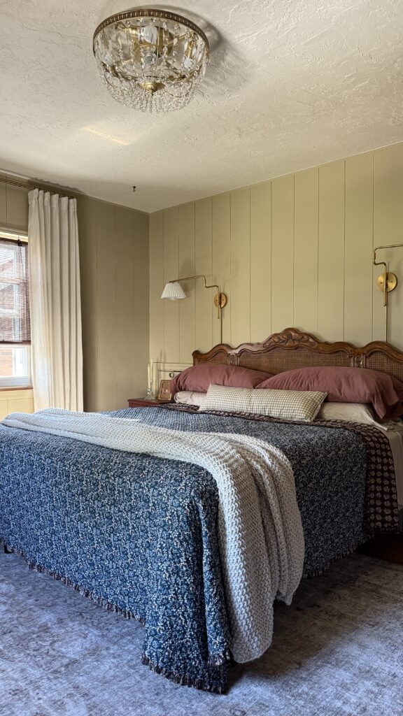universal khaki cottage bedroom with vertical shiplap